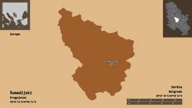 Sırbistan 'ın Sumadijski ilçesi ve başkenti. Uzaklık ölçeği, ön gösterimler ve etiketler. Desenli dokuların bileşimi. 3B görüntüleme