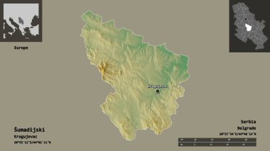 Sırbistan 'ın Sumadijski ilçesi ve başkenti. Uzaklık ölçeği, ön gösterimler ve etiketler. Topografik yardım haritası. 3B görüntüleme