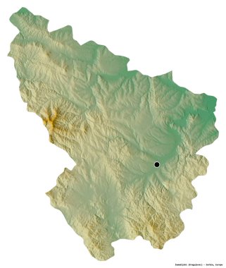 Sırbistan 'ın Sumadijski ilçesi, başkenti beyaz arka planda izole edilmiş. Topografik yardım haritası. 3B görüntüleme