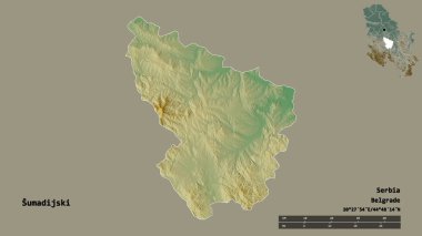 Sırbistan 'ın Sumadijski ilçesi, başkenti sağlam bir zemin üzerinde izole edilmiş durumda. Uzaklık ölçeği, bölge önizlemesi ve etiketleri. Topografik yardım haritası. 3B görüntüleme
