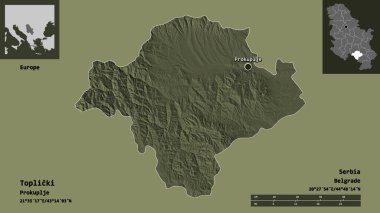 Sırbistan 'ın Toplicki ilçesi ve başkenti. Uzaklık ölçeği, ön gösterimler ve etiketler. Renkli yükseklik haritası. 3B görüntüleme