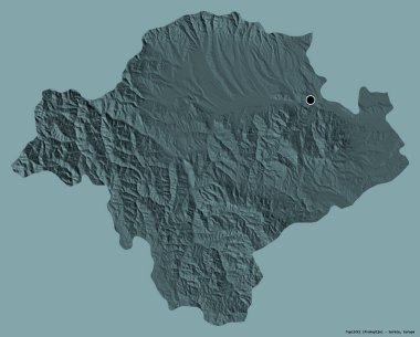 Sırbistan 'ın Toplicki ilçesi, başkenti katı renk arka planına izole edilmiş durumda. Renkli yükseklik haritası. 3B görüntüleme