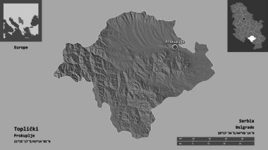 Sırbistan 'ın Toplicki ilçesi ve başkenti. Uzaklık ölçeği, ön gösterimler ve etiketler. Çift seviyeli yükseklik haritası. 3B görüntüleme