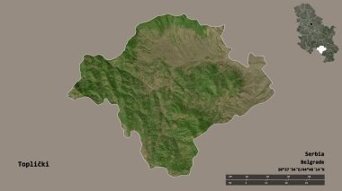 Sırbistan 'ın Toplicki ilçesi, başkenti sağlam bir zemin üzerinde izole edilmiş durumda. Uzaklık ölçeği, bölge önizlemesi ve etiketleri. Uydu görüntüleri. 3B görüntüleme