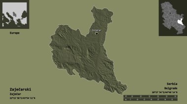 Sırbistan 'ın Zajecarski ilçesi ve başkenti. Uzaklık ölçeği, ön gösterimler ve etiketler. Renkli yükseklik haritası. 3B görüntüleme