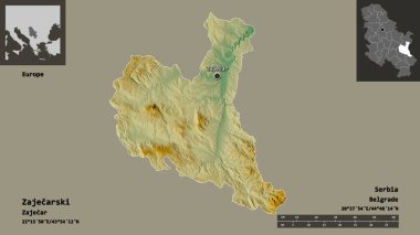 Sırbistan 'ın Zajecarski ilçesi ve başkenti. Uzaklık ölçeği, ön gösterimler ve etiketler. Topografik yardım haritası. 3B görüntüleme