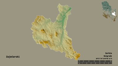 Sırbistan 'ın Zajecarski ilçesi, başkenti sağlam bir zemin üzerinde izole edilmiş durumda. Uzaklık ölçeği, bölge önizlemesi ve etiketleri. Topografik yardım haritası. 3B görüntüleme