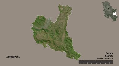 Sırbistan 'ın Zajecarski ilçesi, başkenti sağlam bir zemin üzerinde izole edilmiş durumda. Uzaklık ölçeği, bölge önizlemesi ve etiketleri. Uydu görüntüleri. 3B görüntüleme