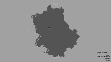 Sırbistan 'ın Zapadno-Backi bölgesi, katı bir arka planda bir sınır kutusunda izole edilmiş durumda. Etiketler. Çift seviyeli yükseklik haritası. 3B görüntüleme