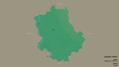 Sırbistan 'ın Zapadno-Backi bölgesi, katı bir arka planda bir sınır kutusunda izole edilmiş durumda. Etiketler. Topografik yardım haritası. 3B görüntüleme