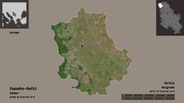 Sırbistan 'ın Zapadno-Backi ilçesi ve başkenti. Uzaklık ölçeği, ön gösterimler ve etiketler. Uydu görüntüleri. 3B görüntüleme