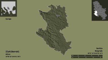 Sırbistan 'ın Zlatiborski ilçesi ve başkenti. Uzaklık ölçeği, ön gösterimler ve etiketler. Renkli yükseklik haritası. 3B görüntüleme