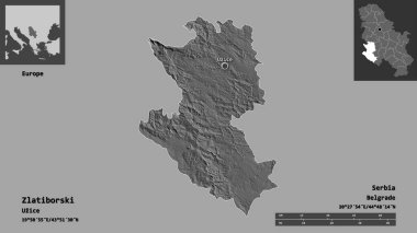 Sırbistan 'ın Zlatiborski ilçesi ve başkenti. Uzaklık ölçeği, ön gösterimler ve etiketler. Çift seviyeli yükseklik haritası. 3B görüntüleme