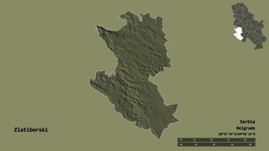 Sırbistan 'ın Zlatiborski ilçesi, başkenti sağlam bir zemin üzerinde izole edilmiş durumda. Uzaklık ölçeği, bölge önizlemesi ve etiketleri. Renkli yükseklik haritası. 3B görüntüleme