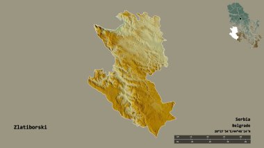 Sırbistan 'ın Zlatiborski ilçesi, başkenti sağlam bir zemin üzerinde izole edilmiş durumda. Uzaklık ölçeği, bölge önizlemesi ve etiketleri. Topografik yardım haritası. 3B görüntüleme