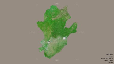 Doğu bölgesi, Sierra Leone vilayeti, katı bir arka planda izole edilmiş bir sınır kutusunda. Etiketler. Uydu görüntüleri. 3B görüntüleme