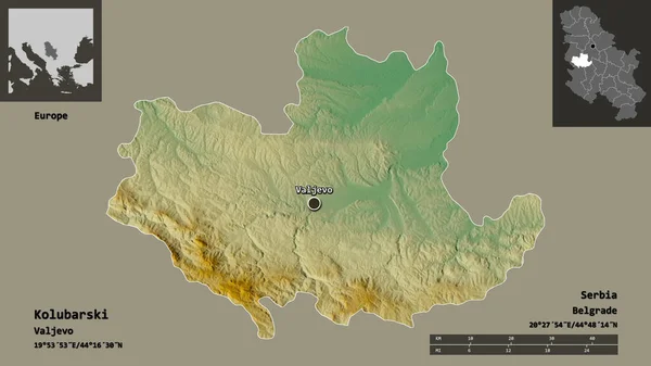 コルバルスキーの形 セルビアの地区 およびその首都 距離スケール プレビューおよびラベル 地形図 3Dレンダリング — ストック写真