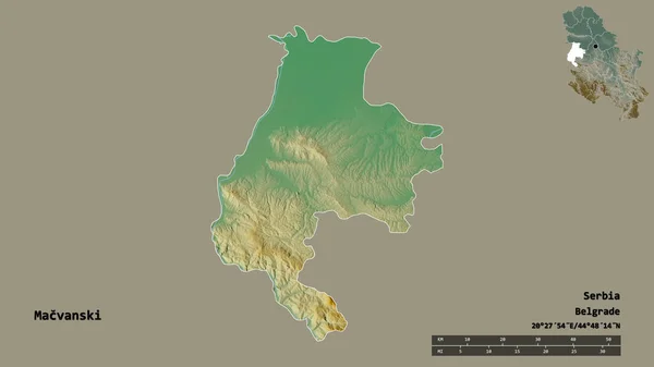 塞尔维亚Macvanski区的形状 其首都在坚实的背景下与世隔绝 距离尺度 区域预览和标签 地形浮雕图 3D渲染 — 图库照片