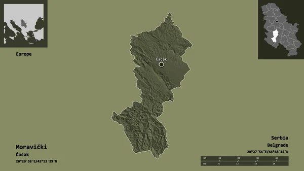 モラヴィツキの形 セルビアの地区とその首都 距離スケール プレビューおよびラベル 色の標高マップ 3Dレンダリング — ストック写真