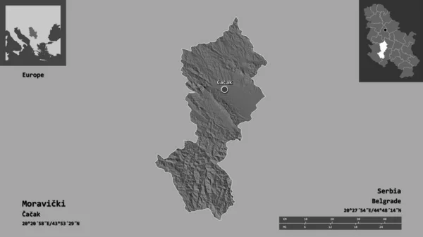 モラヴィツキの形 セルビアの地区とその首都 距離スケール プレビューおよびラベル 標高マップ 3Dレンダリング — ストック写真