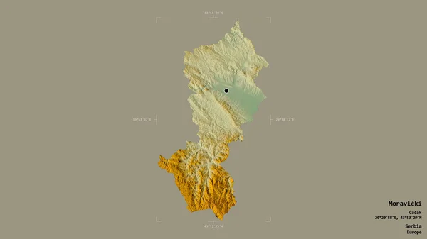 セルビアの地区 モラヴィッキーの地域は 洗練された境界線の箱の中にしっかりとした背景に隔離されています ラベル 地形図 3Dレンダリング — ストック写真
