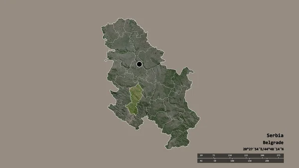塞尔维亚以首都 主要地区区划和独立的莫拉维茨基地区为首都的专制形态 卫星图像 3D渲染 — 图库照片