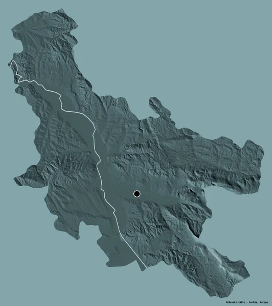 Sırbistan 'ın Nisavski ilçesi, başkenti katı bir renk zeminine sahip. Renkli yükseklik haritası. 3B görüntüleme