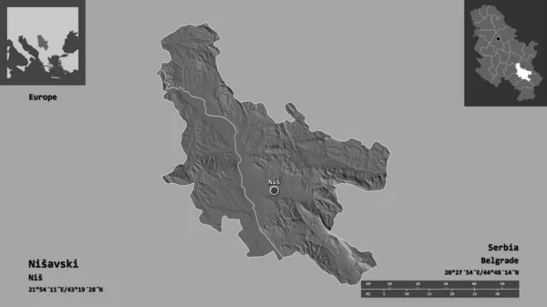 ニサフスキーの形 セルビアの地区 およびその首都 距離スケール プレビューおよびラベル 標高マップ 3Dレンダリング — ストック写真