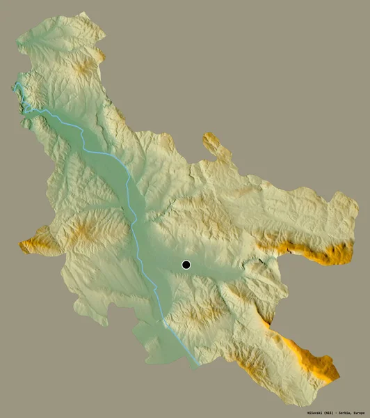 Sırbistan 'ın Nisavski ilçesi, başkenti katı bir renk zeminine sahip. Topografik yardım haritası. 3B görüntüleme