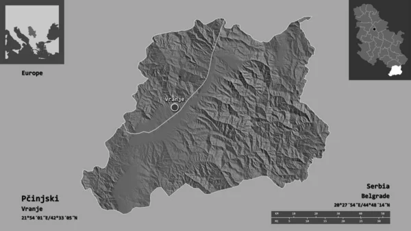 塞尔维亚普钦斯基区及其首府的形状 距离刻度 预览和标签 Bilevel高程图 3D渲染 — 图库照片