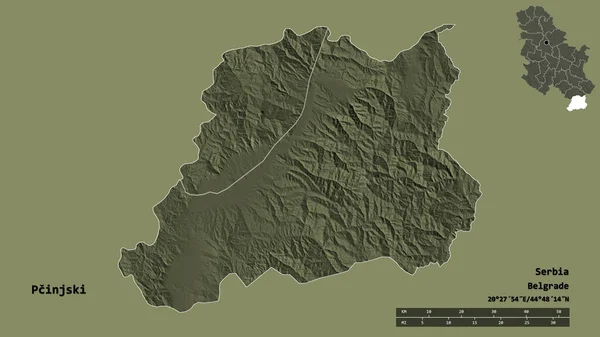 セルビアの地方であるPcinjskiの形で その首都はしっかりとした背景に孤立しています 距離スケール リージョンプレビュー およびラベル 色の標高マップ 3Dレンダリング — ストック写真
