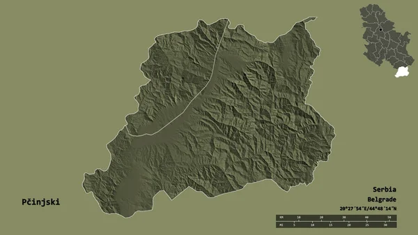 Form Pcinjski Distriktet Serbien Med Dess Huvudstad Isolerad Solid Bakgrund — Stockfoto