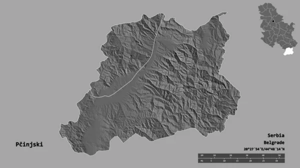 セルビアの地方であるPcinjskiの形で その首都はしっかりとした背景に孤立しています 距離スケール リージョンプレビュー およびラベル 標高マップ 3Dレンダリング — ストック写真