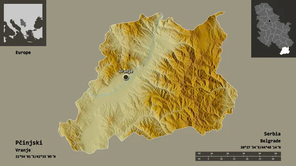 Pcinjskiの形 セルビアの地区 その首都 距離スケール プレビューおよびラベル 地形図 3Dレンダリング — ストック写真