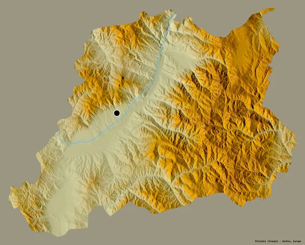 塞尔维亚Pcinjski区的形状 其首都以纯色背景隔离 地形浮雕图 3D渲染 — 图库照片