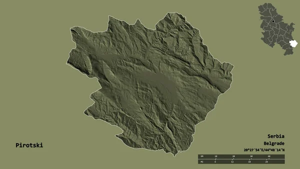 塞尔维亚Pirotski区的形状 其首都在坚实的背景下与世隔绝 距离尺度 区域预览和标签 彩色高程图 3D渲染 — 图库照片