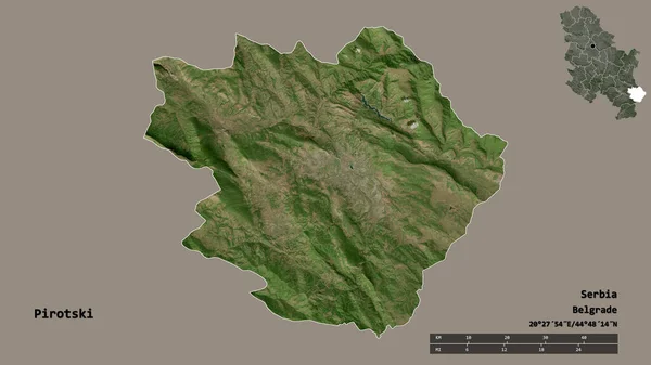 塞尔维亚Pirotski区的形状 其首都在坚实的背景下与世隔绝 距离尺度 区域预览和标签 卫星图像 3D渲染 — 图库照片