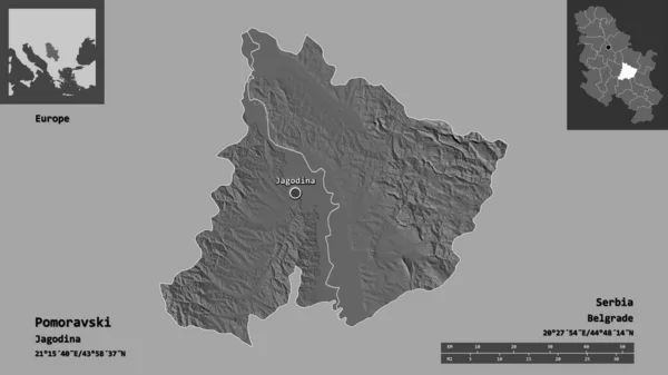 ポモラフスキーの形 セルビアの地区 およびその首都 距離スケール プレビューおよびラベル 標高マップ 3Dレンダリング — ストック写真