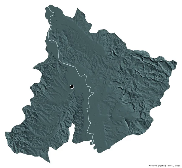 塞尔维亚波莫拉夫斯基区的形状 其首都被白色背景隔离 彩色高程图 3D渲染 — 图库照片