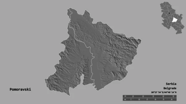 塞尔维亚波莫拉夫斯基区的形状 其首都在坚实的背景下与世隔绝 距离尺度 区域预览和标签 Bilevel高程图 3D渲染 — 图库照片