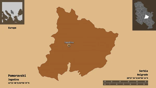 ポモラフスキーの形 セルビアの地区 およびその首都 距離スケール プレビューおよびラベル パターン化されたテクスチャの構成 3Dレンダリング — ストック写真