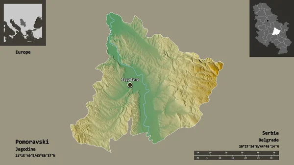 ポモラフスキーの形 セルビアの地区 およびその首都 距離スケール プレビューおよびラベル 地形図 3Dレンダリング — ストック写真