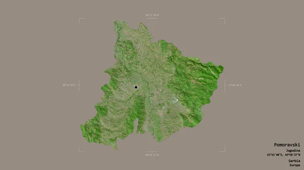 セルビアの地区であるポモラフスキー地区は 洗練された境界線の箱の中にしっかりとした背景に隔離されています ラベル 衛星画像 3Dレンダリング — ストック写真