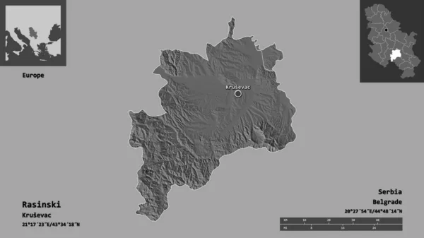塞尔维亚Rasinski区的形状及其首府 距离刻度 预览和标签 Bilevel高程图 3D渲染 — 图库照片