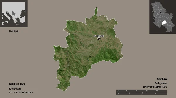 塞尔维亚Rasinski区的形状及其首府 距离刻度 预览和标签 卫星图像 3D渲染 — 图库照片