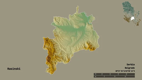 セルビア地方のラジンスキーの形で その首都はしっかりとした背景に隔離されています 距離スケール リージョンプレビュー およびラベル 地形図 3Dレンダリング — ストック写真