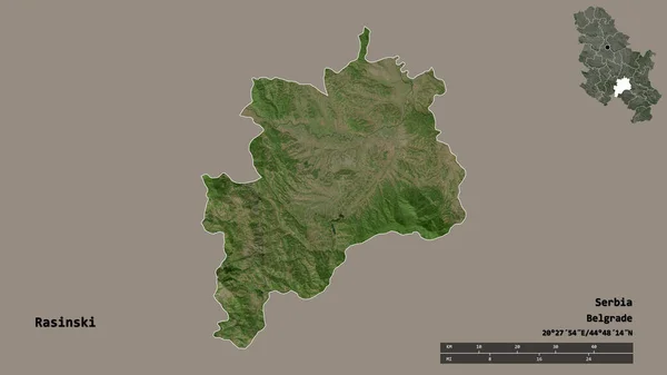 塞尔维亚Rasinski区的形状 其首都在坚实的背景下与世隔绝 距离尺度 区域预览和标签 卫星图像 3D渲染 — 图库照片