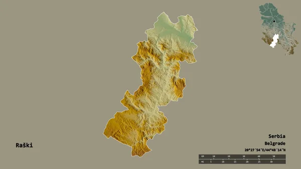セルビア地方のラスキの形で その首都はしっかりとした背景に隔離されています 距離スケール リージョンプレビュー およびラベル 地形図 3Dレンダリング — ストック写真
