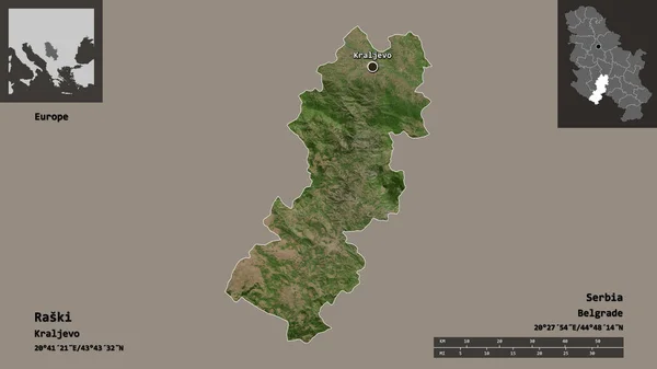 ラスキーの形 セルビアの地区 およびその首都 距離スケール プレビューおよびラベル 衛星画像 3Dレンダリング — ストック写真