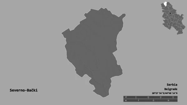 セルビア地方のセヴェルノ バッキの形で その首都はしっかりとした背景に孤立しています 距離スケール リージョンプレビュー およびラベル 標高マップ 3Dレンダリング — ストック写真